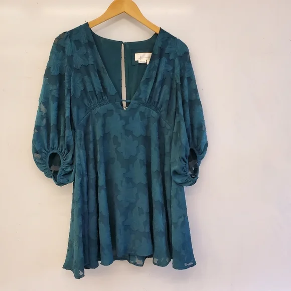 Anthropologie Jacquard Tunic Dress Green Teal Puff Sleeve Size 2P - Picture 2 of 11